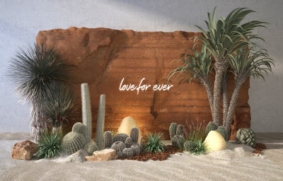 沙漠风格景墙 风化自然石头 热带植物组团 仙人掌棕榈树