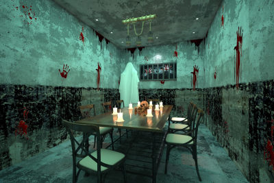 密室逃脱房间 美式剧本杀 阴暗鬼屋 恐怖暗房 鬼影蜡烛骷髅手印