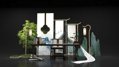 新中式美陈 卷轴案桌 书法互动舞台 拍照打卡点 国风背景板