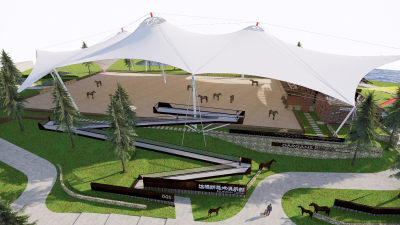 现代马场 练马场 马术训练场  折线玻璃栈道 入口logo景墙