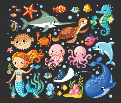 现代卡通海洋动物墙贴挂件 动物剪影 美人鱼 鲸鱼 海马 海星