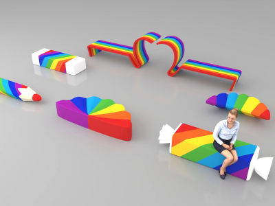 彩虹椅子 商业街座椅 铅笔户外椅 商业街美陈 彩色入口大门