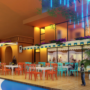 现代餐厅咖啡店商业街就餐区 餐桌 三角梅遮阳伞雨棚