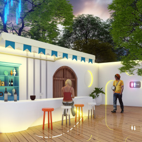 现代餐馆吧台区 彩色发光夜景树 厕所入口