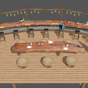 田园户外酒吧吧台 原木茶几坐凳 木桩吊灯