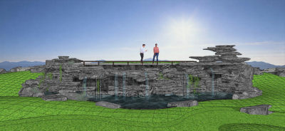 现代跌水瀑布水景 自然垒石叠石景观平台