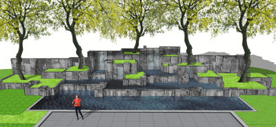 现代跌水水景 瀑布 垒石叠石 片石池底