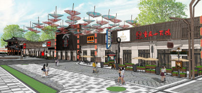 新中式商业街 店招 招牌 店铺门头 花箱外摆座椅 雕塑小品 扇子彩灯
