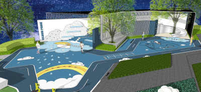 现代云朵天气主题儿童游乐区 活动区乐园 互动廊架 趣味景墙 地面铺装图案