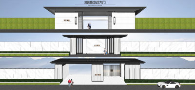 新中式大门 小区出入口 格栅铁艺门 车行入口 人行入口