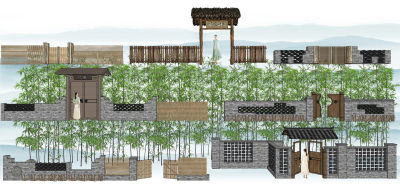 新中式乡村改造门头 新农村庭院门 乡村振兴瓦片磨盘景墙 竹篱笆木栅栏围栏栏杆