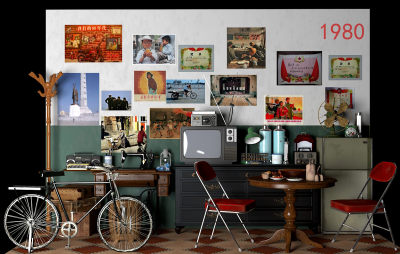 现代复古展厅 怀旧摆件 老物件组合 老屋记忆 生活老物件 电视机缝纫机食物