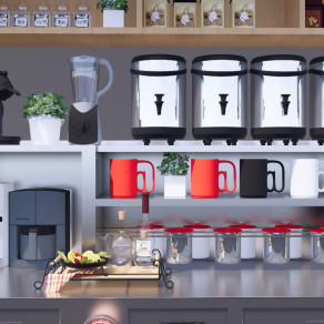 现代奶茶店 奶茶操作台 厨房器具工作台 水吧奶茶桶 饮料冷柜