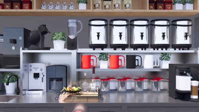 现代奶茶店 奶茶操作台 厨房器具工作台 水吧奶茶桶 饮料冷柜