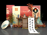 dp互动合影美陈 卷轴条案打卡点 油纸伞书法山水舞台 婚礼新婚背景板 商业街小品