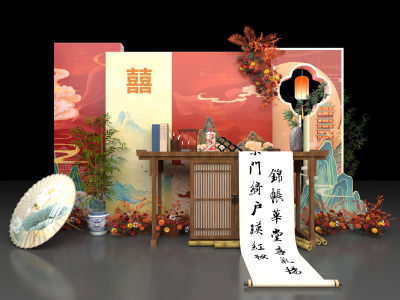 dp互动合影美陈 卷轴条案打卡点 油纸伞书法山水舞台 婚礼新婚背景板 商业街小品