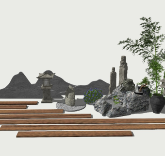 新中式庭院景观小品石头景观树模型128