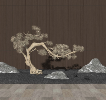 新中式庭院景观小品石头景观树模型1128