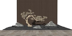 新中式庭院景观小品石头景观树模型1128