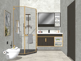 精品新中式家居卫生间马桶淋浴组合su模型下载