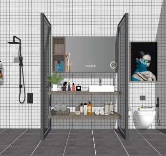 精品现代家居卫生间马桶淋浴组合su模型下载