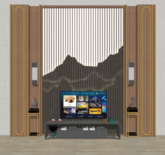 新中式电视背景墙电视柜sketchup模型下载