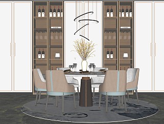 <em>新中式</em>餐厅餐桌椅组合艺术吊灯实木酒柜