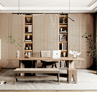 侘寂风格书房书桌椅组合书柜摆件