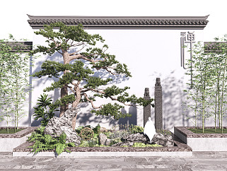 新中式庭院景观景墙景观小品<em>松树</em>su模型