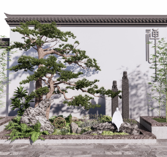 新中式庭院景观景墙景观小品松树su模型