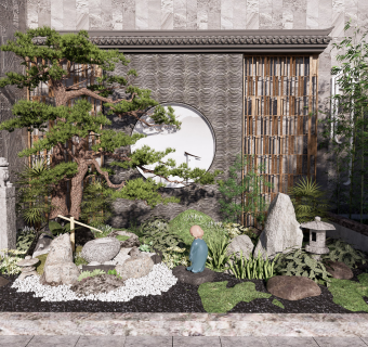 新中式景观小品庭院景观枯山水松树水景石头景墙SU模型