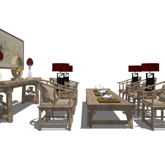 中式风格休闲桌椅 实木茶台 功夫茶几 禅意茶桌 长桌椅 茶艺桌椅