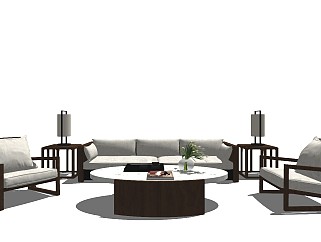 中式风格多人沙发 禅意沙发 休闲沙发 公司休息区 边柜 茶几沙发