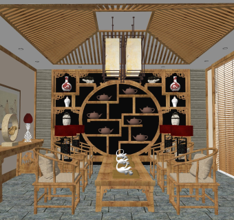 中式风格茶室 茶艺展示 禅意茶吧 茶具展示 实木茶桌 茶叶柜