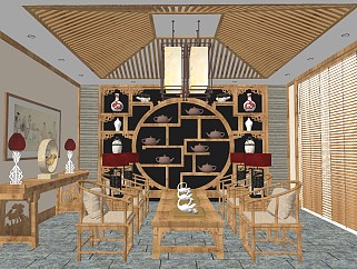 中式风格茶室 茶艺展示 禅意茶吧 茶具展示 实木茶桌 茶叶柜