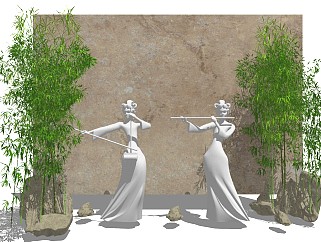 中式风格雕塑小品 竹子小品 音乐小品 二胡 舞蹈小品 模特人