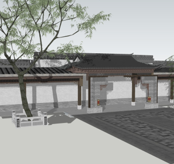 连廊 中式长廊 挑檐  对景墙