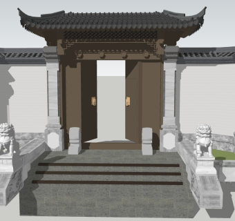 古建 门头 中式建筑 入口门头 石狮子