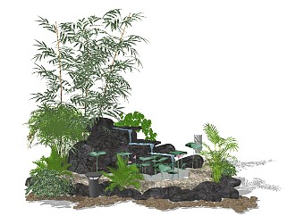 <em>现代</em>富贵竹子假山植物盆栽sketchup模型下载