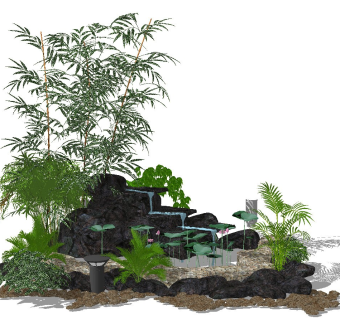 现代富贵竹子假山植物盆栽sketchup模型下载