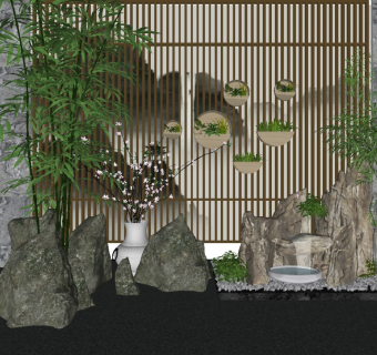 新中式假山竹子园艺小品su模型下载