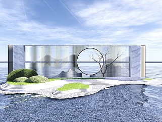 新中式山水景墙sketchup模型下载