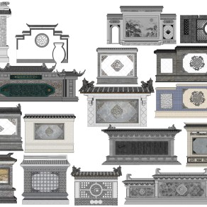 中式徽派景观墙砖雕照壁su模型