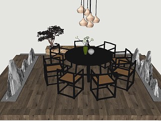 中式风格餐桌吊灯植物假山sketchup模型下载