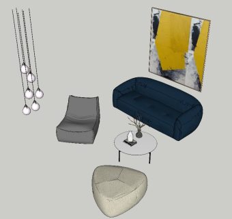 现代时尚沙发组合吊灯挂画sketchup模型下载