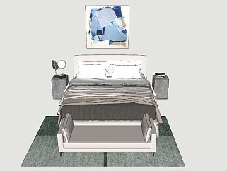 现代时尚双人床床头柜脚踏挂画sketchup模型下载