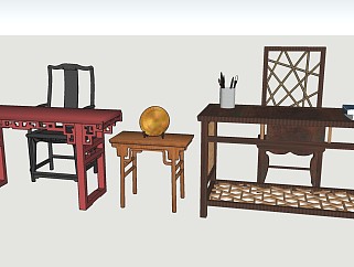 中式书桌椅凳子sketchup模型下载