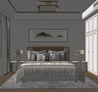 新中式卧室SU模型下载