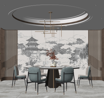 新中式家居餐厅SU模型下载