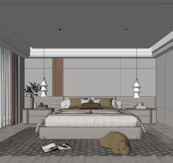 现代高级灰卧室SU模型下载